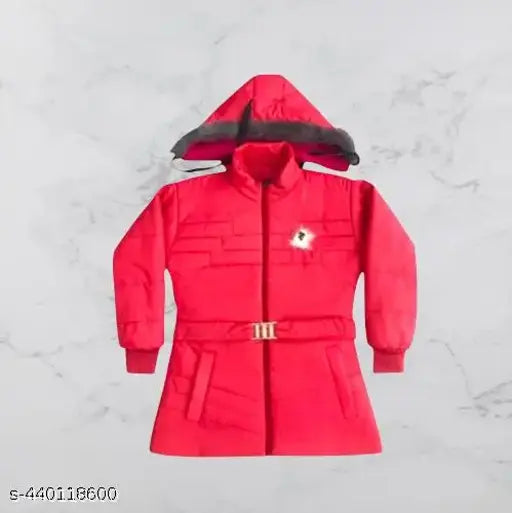 Bright red puffer coat with fur hood, zipper front closure