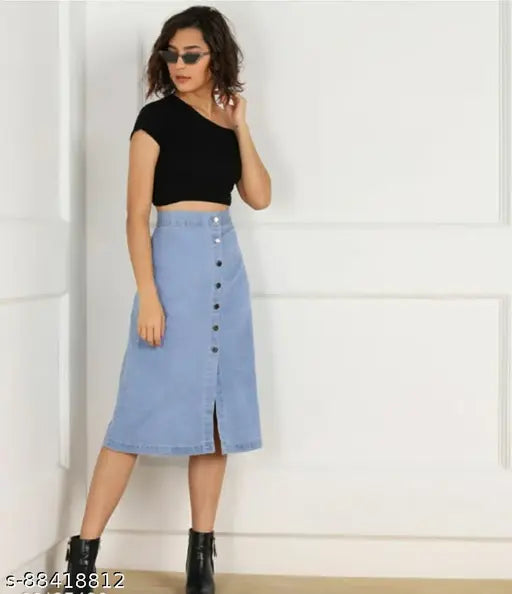 Denim light-wash Western skirt for women, solid pattern, size 28, 30 or 32, Indian origin