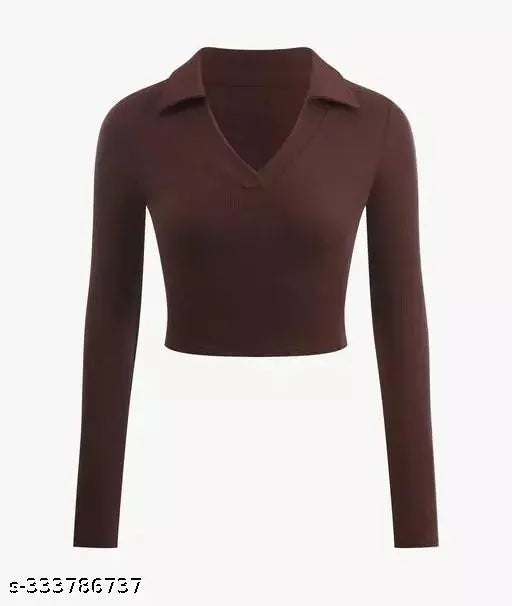 Stylish Lycra ribbed net long-sleeve collar top, XS (bust size 32in, length size 18in) - Indian-made classic polo neck crop tops