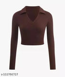 Stylish Lycra ribbed net long-sleeve collar top, XS (bust size 32in, length size 18in) - Indian-made classic polo neck crop tops