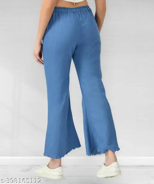 Stretchable premium light blue denim flared jeans with elastic waist and ankle cuffs, plus size for women