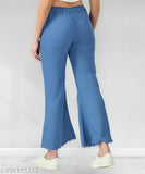 Stretchable premium light blue denim flared jeans with elastic waist and ankle cuffs, plus size for women