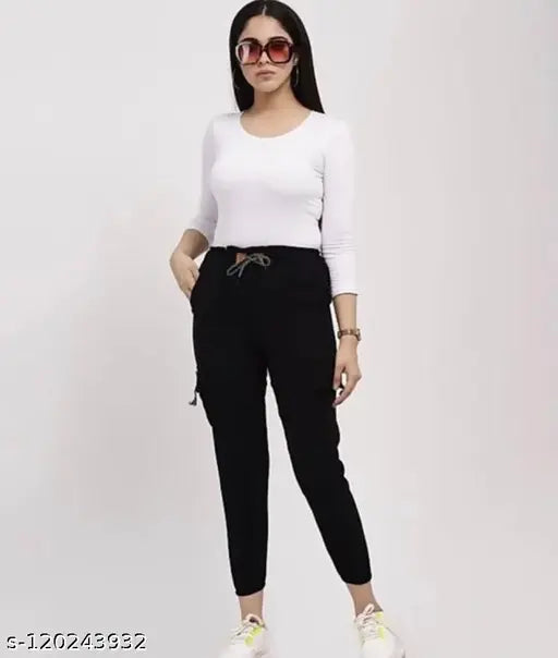 Trendy stylish cotton cargo jeans for women & girls, solid-colored denim pants on model, size 28/30 from India