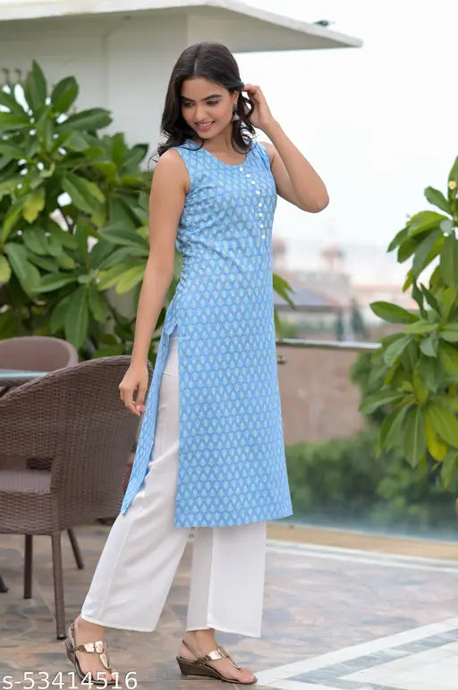 Rayon pink sleeveless kurta & white palazzos, printed, India-made, rayon fabric, comfortable & attractive design