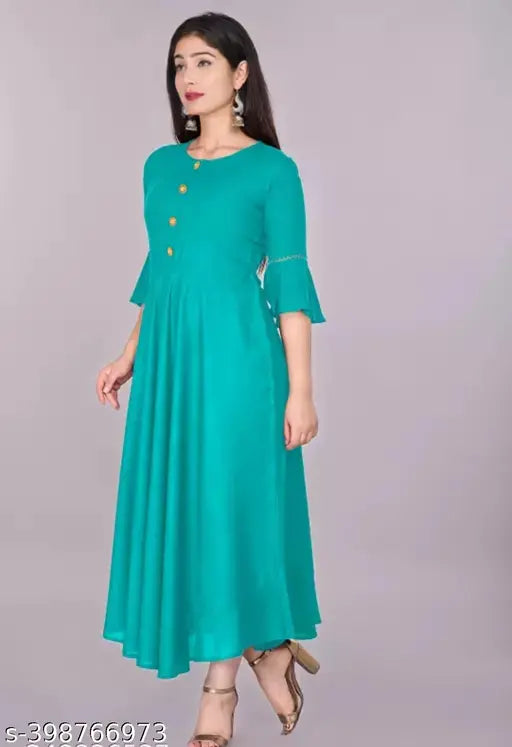 Rayon solid flared kurti for women, three-quarter sleeves, ultra fashion Indian apparel