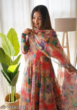 XXL organza tabby silk printed net gown with duppatta, Indian-made quality long sleeve party wear