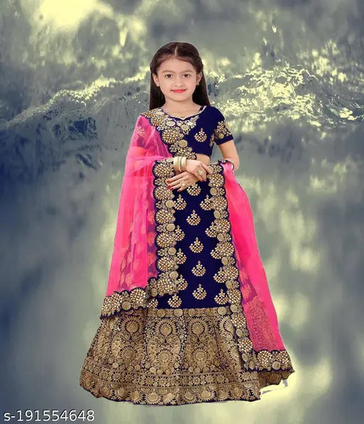 Women's semi-stitched satin lehenga choli set, embellished with net dupatta, suitable for ages 3-15 years