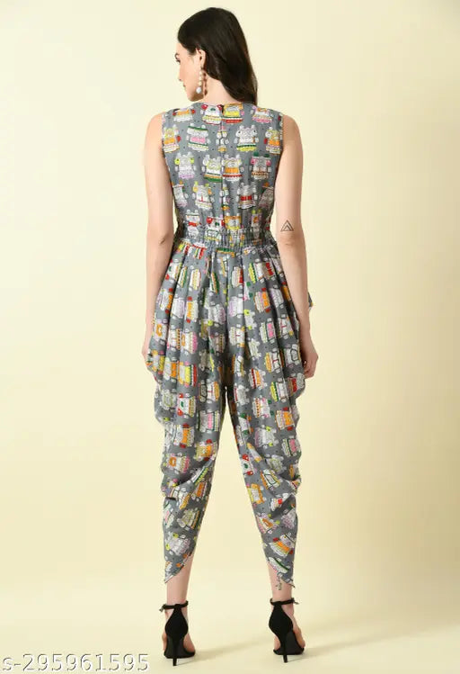 Digital owl print maxi dhoti jumpsuit, Indo-Western style, perfect for party wear. Crepe fabric, sleeveless design." (103 characters)