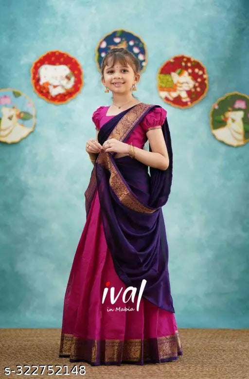 South Indian art silk lehenga for girls, unstitched, solid pattern with jacquard stitch, long sleeves, free size (waist 50m, length 50m, dupatta 1.8m), India origin