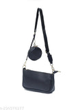 A trendy, sleek, black leather shoulder bag with a smaller pouch