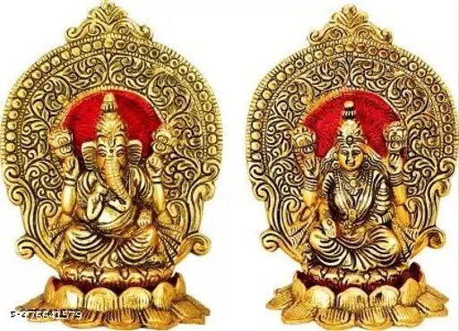 Metal Ganesh Laxmi idol set on Kamal flower, Vastu/home temple office gifting. Size: L11x8x15 cm, originating from India