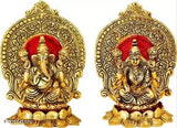 Metal Ganesh Laxmi idol set on Kamal flower, Vastu/home temple office gifting. Size: L11x8x15 cm, originating from India
