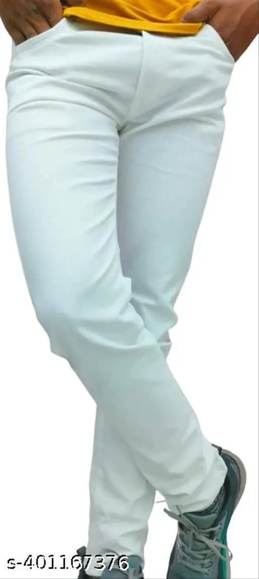 Men's white denim jeans, plain style with solid pattern, size 28 (waist 28in, length 39in), India origin