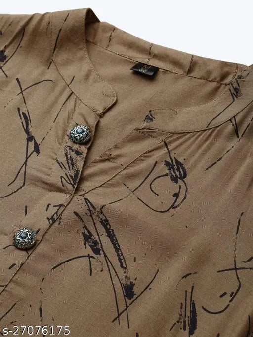 Brown rayon kurta palazzo set, printed calf-length, straight fit, Mandarin collar, regular sleeves