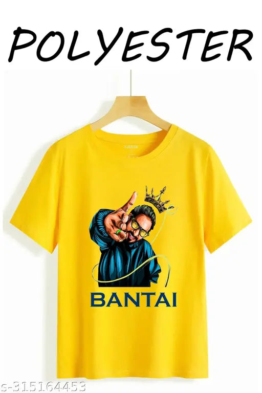Yellow printed net short sleeve t-shirt, polyester fabric, YLLOW emiway bantai KING design on display