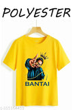 Yellow printed net short sleeve t-shirt, polyester fabric, YLLOW emiway bantai KING design on display
