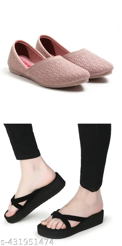 A pair of flat shoes, one with a red sole and the other in black