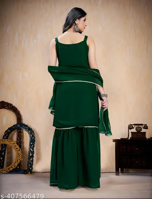 Elegant green sari set with dupatta, embroidery detailing, full-length sleeves