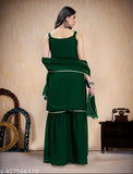 Elegant green sari set with dupatta, embroidery detailing, full-length sleeves