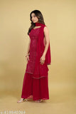 Red faux georgette outfit with embroidery, sequin work kurta and dupatta stitched
