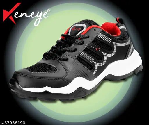 Black and red sneakers with white trim and a checkmark symbol on side