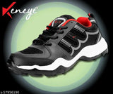 Black and red sneakers with white trim and a checkmark symbol on side