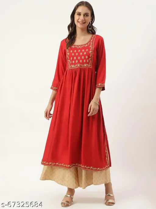 Red rayon embroidered trendy kurta with long skirt for festivals
