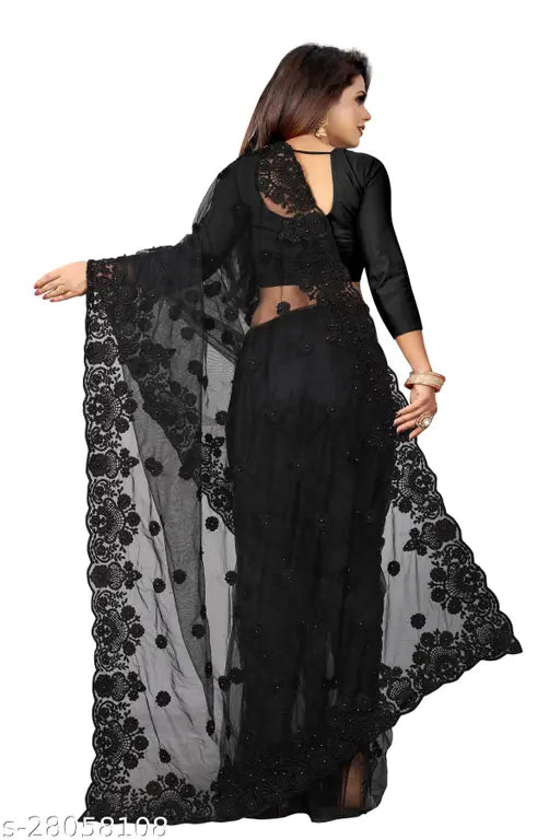 Indian net saree with embroidered solid satin blouse, single free size (5.5m/0.8m)