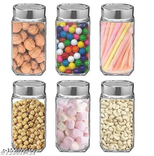 Transparent glass jars with stainless steel lid, perfect for storing snacks, spices, and dry fruits.