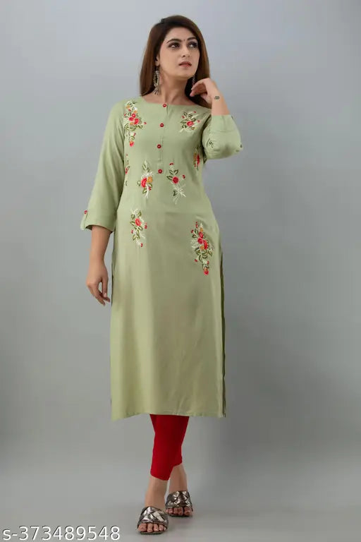 Rayon embroidered kurtis with three-quarter sleeves, Indian traditional clothing available in sizes S to 6XL