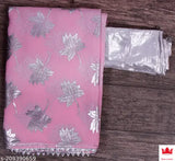 Pink leaf print saree with silver foil