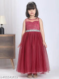 Maroon net embellished party gown for kids, toy balloon print on sleeveless dress, Indian origin