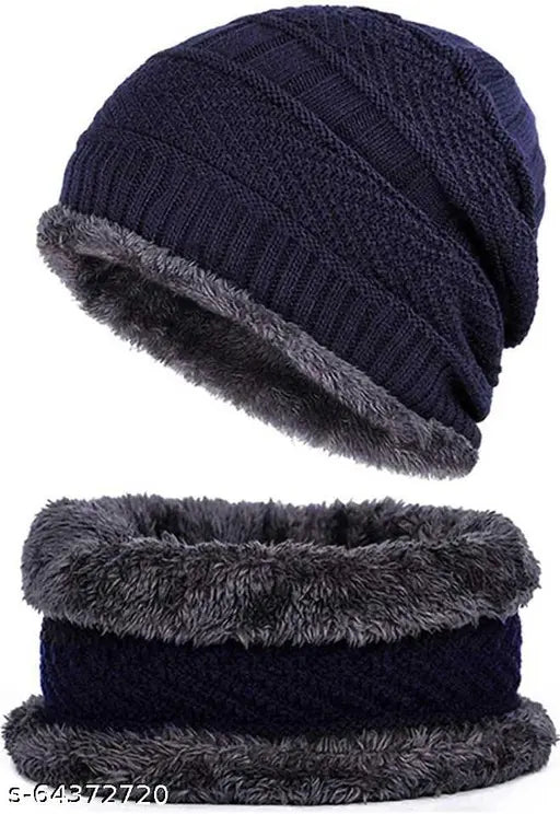 Trendy, textured acrylic cap & fur-lined neck scarf set (2 pack), men's winter wear, warm & soft, China origin