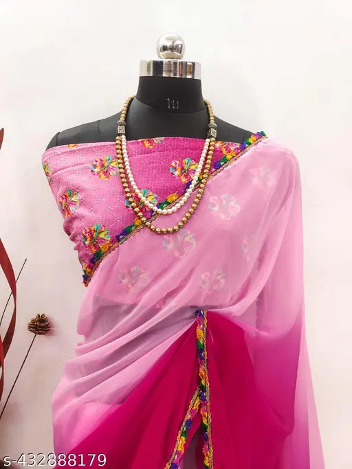Georgette colorblocked saree with fancy cutwork lace and embroidery, single AMLI 106 from India for parties, weddings & festivals (saree length size: 5.5m, blouse length size: 0.8m)