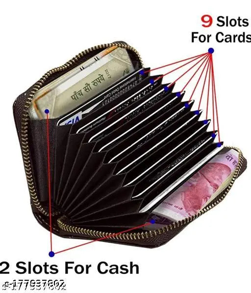 Light brown leather 9-slot vertical credit debit card holder wallet with zipper coin purse and ID pocket for men and women