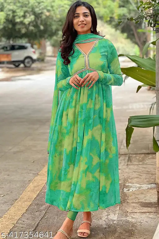 Women Georgette Gown Designer Anarkali Bollywood Fashion Traditional Attire Ethnic Kurti Dupatta Set