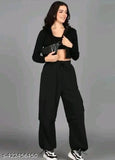 Black Lycra cargo joggers with four pockets, designed for utility and style, featuring a combination of fabric types for added texture and dimension