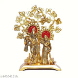 Gold-plated Radha Krishna aluminum statue, standing under tree & playing flute - 21cm (Indian temple decor)