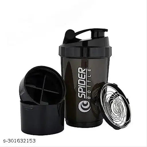 Multicolor plastic protein shaker bottle with blender ball, extra compartment, and pill holder. BPA free, leak proof, dishwasher safe, and anti-leak tested. Perfect for gym workouts in India
