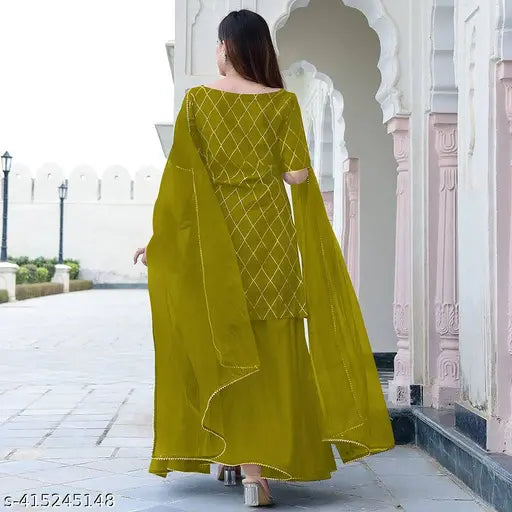 Gold rayon women's round neck kurta and sharara with net dupatta set