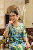 Designer embroidered rayon anarkali kurti, three-quarter sleeves, printed pattern. Women's ethnic wear for summer parties