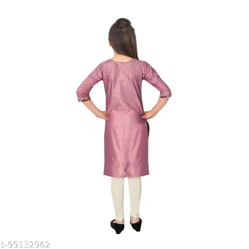 Chanderi cotton embroidered kurti set with leggings, A-line silhouette for girls aged 4-16, India origin
