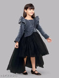 Black viscose rayon kids' long-sleeved gown dress - stylish party wear for girls aged 4-8, India origin