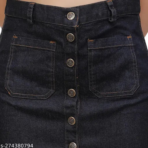 Denim mini skirt, dyed/washed, women's size options: 26, 28, 30, 32. Indian denim fashion accessory on a hanger