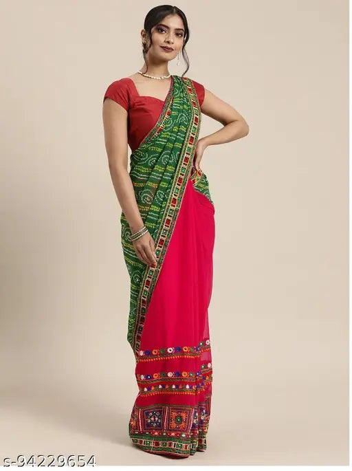 Women's Seronan saree with bandhani and georgette fabric, half and half design, embroidery detailing, work party wear exclusive