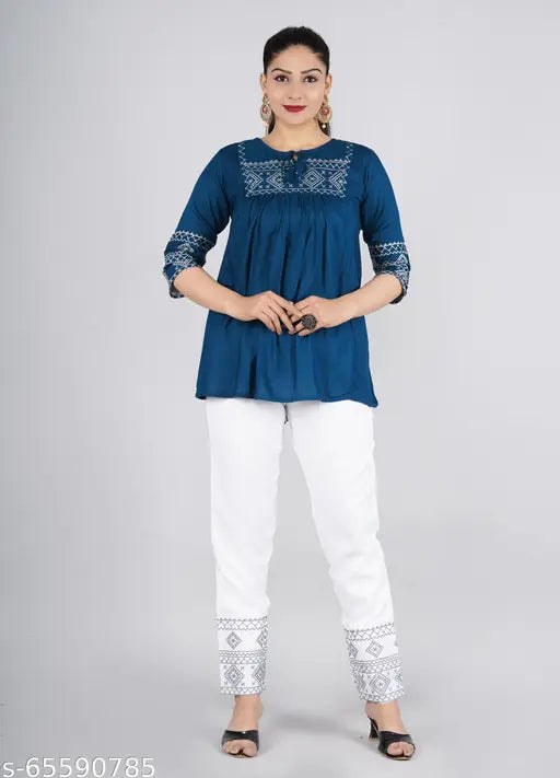 Rayon-top, cotton blend-botom Indian embroidered three-quarter sleeve set, size S to XXXL