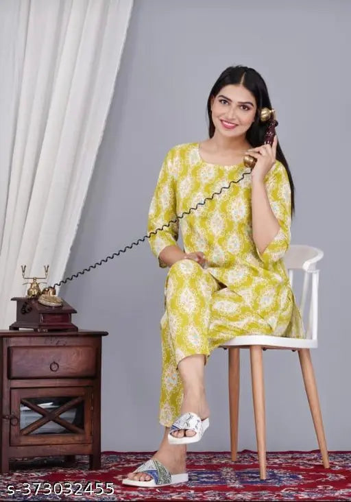 Women's yellow cotton printed night suit top & pyjama coord sets - quality Indian-made floral print sleepwear, comfortable and soft cotton fabric