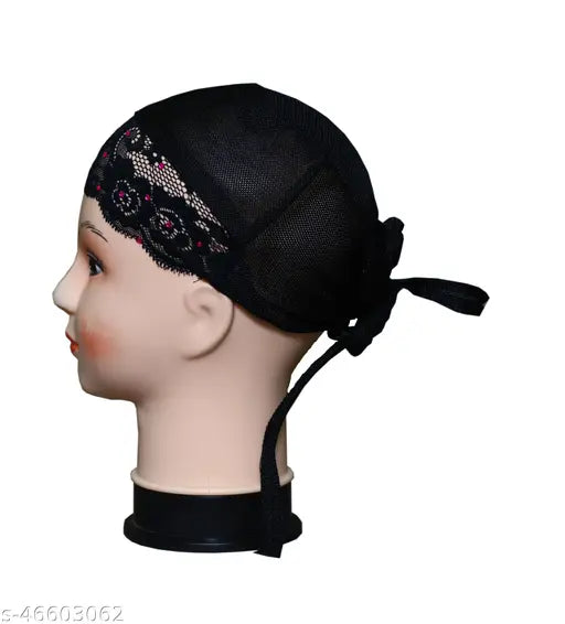 Black mesh hijab cap with lace trim for women, pure cotton inner cap included, trendy Muslim daily wear accessory