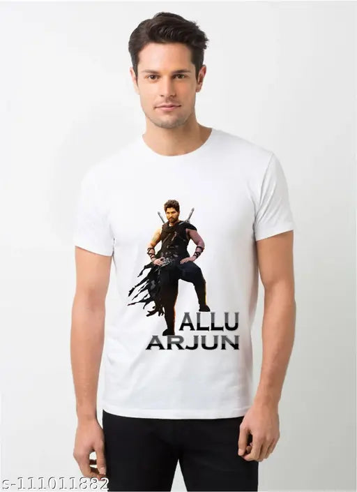 Allu Arjun stylish polyester t-shirt, printed net design, short sleeves, M to XXL sizes