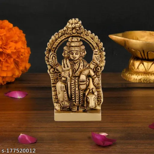 Brass Dattatreya Swami statue, Lord Datta Trimurti, exquisitely crafted golden brass idol, height 3.5 inches, perfect for spiritual space decoration